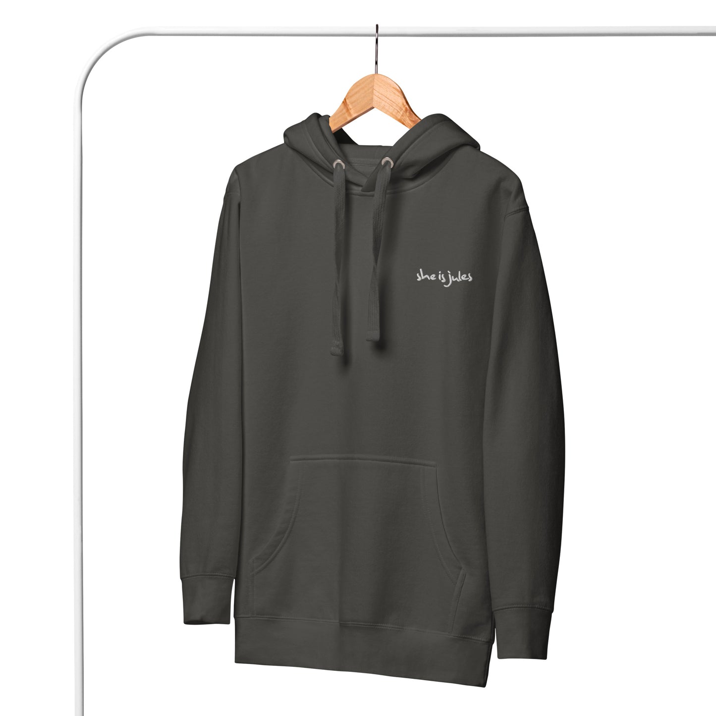 Premium Embroidery Copy Paste Hoodie She Is Jules Official Merch Spotify Apple Music Bay Area Outerwear Streetwear Front Grey gray hanger